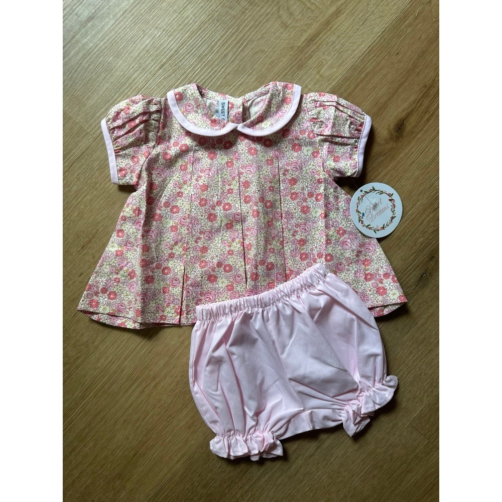 Sweet Dreams Baby Girls Pink Floral Pleated Top and Bloomers Set NWT